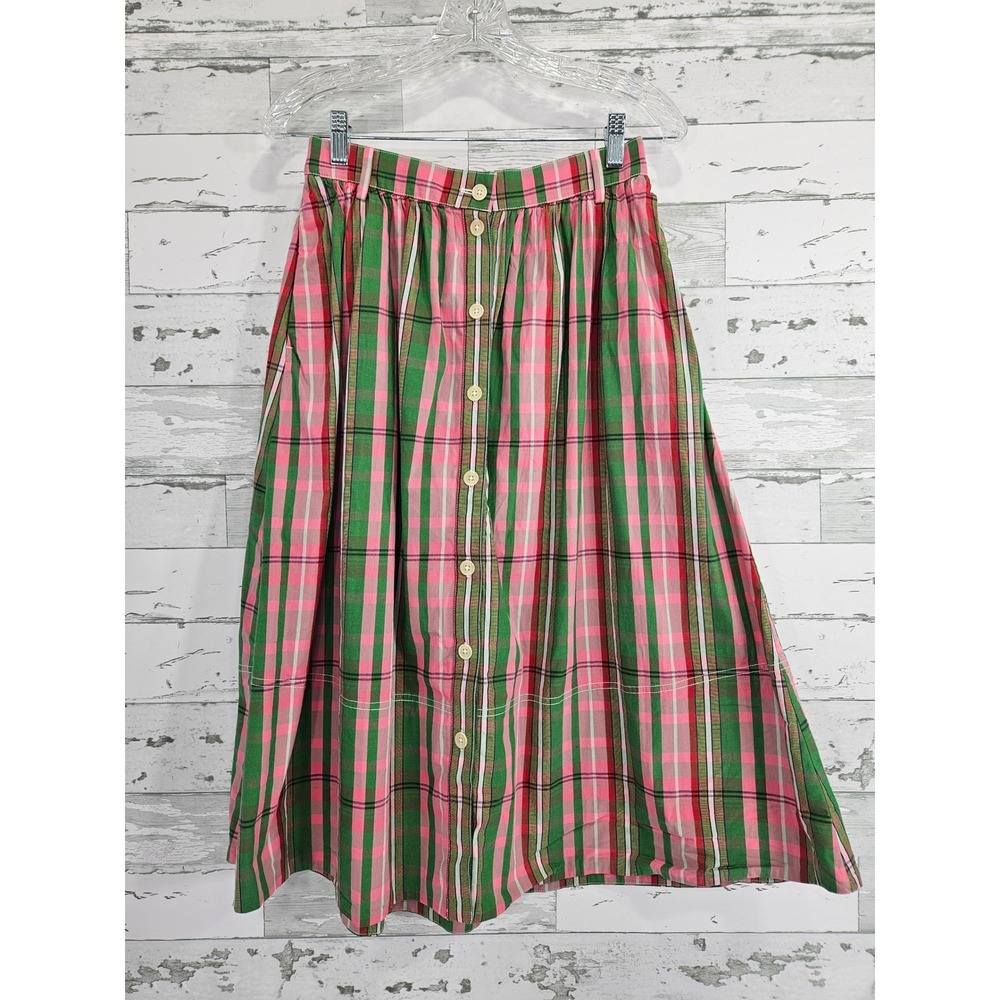 J Crew Pink Green Plaid Organic Cotton Button Front Midi Skirt with Pockets 2